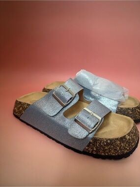 Cape Robbin Silver Double Buckle Cork Footbed Sandals